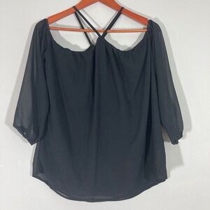 Sheer Black Blouse Off Shoulder Criss Cross Back 3/4 Sleeve Top Small